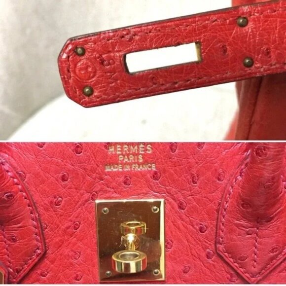 Authentic RARE HERMES Hac Birkin 32 bag Ostrich leather Rouge Vif red - Picture 8 of 11